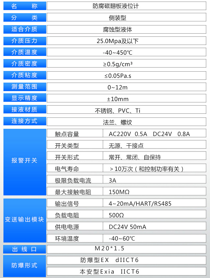 磁浮子液位計技術參數表