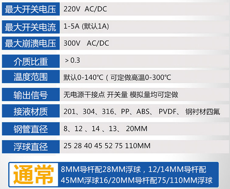 磁性浮球液位計技術參數對照表